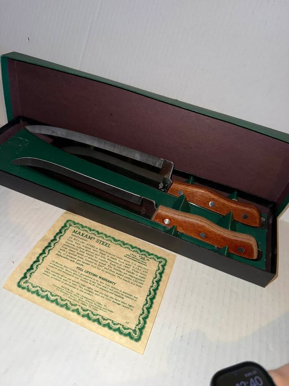 Vintage NOS Maxam Precision Hollow Ground Stainless Steel Carving 2 Knife Set